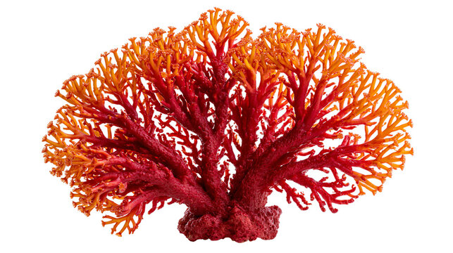 Vibrant red and orange sea fan coral specimen with intricate branching structure