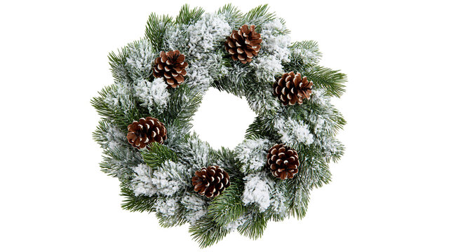 Snowy artificial pine Christmas wreath with brown pinecones