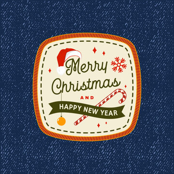 Vintage Merry Christmas and Happy New Year Badge with Santa Hat, Candy Cane, Snowflakes and Festive Typography, Retro Holiday Emblem Design for Seasonal Cards, Apparel, Stickers and Prints