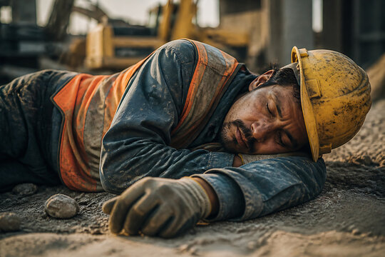 A construction worker wearing a yellow hard hat is lying down exhausted on rough ground in a worksite setting.