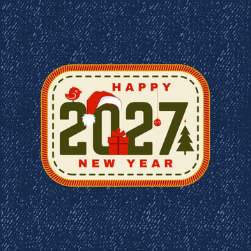 Vintage Happy 2027 New Year Badge with Santa Hat, Christmas Tree, Gift Box and Festive Typography, Retro Holiday Emblem Design for New Year Greetings, Cards, Apparel, Stickers and Prints
