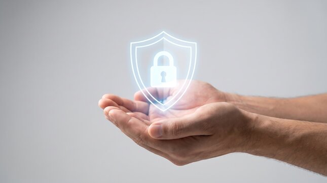 A person holds a glowing digital shield with a padlock icon in their open hands symbolizing protection security and safety in a virtual environment