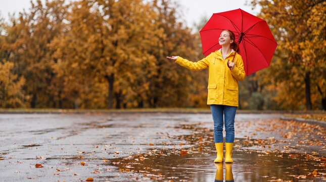 Young girl in yellow raincoat and rubber boots holds red umbrella while standing on wet pavement surrounded by autumn trees