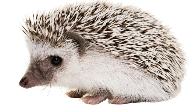 Small African pygmy hedgehog with white and brown spiky quills
