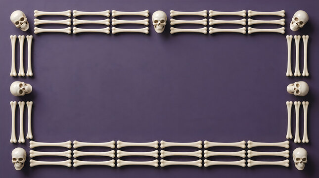Skeletal frame border constructed from skulls and bones on dark background
