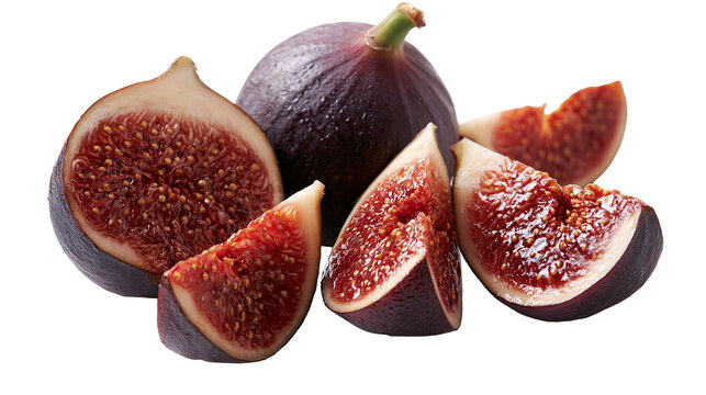 Whole and sliced fresh purple figs with red juicy pulp and small seeds