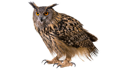 Obraz premium Eurasian eagle owl with orange eyes and brown patterned feathers