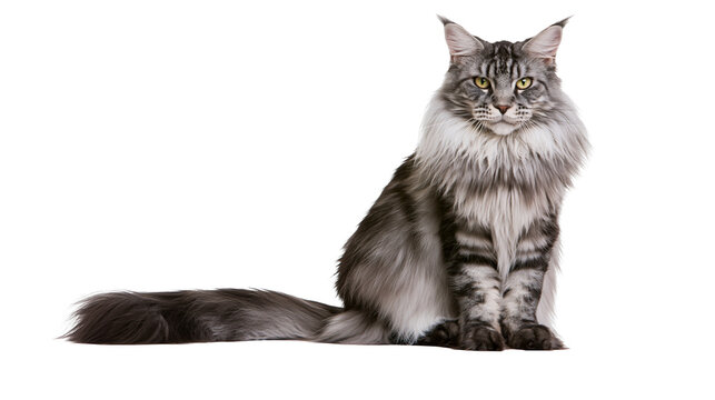Silver tabby Maine Coon cat sitting with long fur and tufted ears