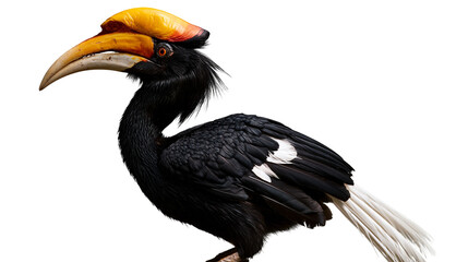 Rhinoceros hornbill with black feathers and large yellow orange casque beak © Isolde