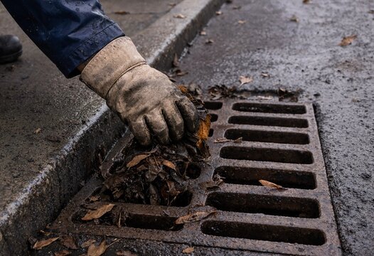 A volunteer wearing a work glove cleaning wet autumn leaves from a street storm drain grate to prevent flooding in an urban area