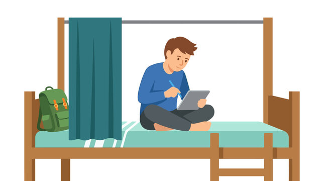 Student studying on bunk bed with tablet and backpack