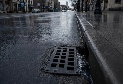 A rain soaked city street with a storm drain capturing runoff water on a gloomy urban day