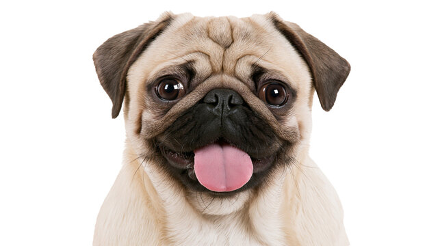 Close up portrait of a happy fawn pug dog with a black muzzle and tongue out
