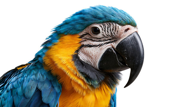 Blue and yellow macaw parrot head portrait with vibrant feathers and black beak