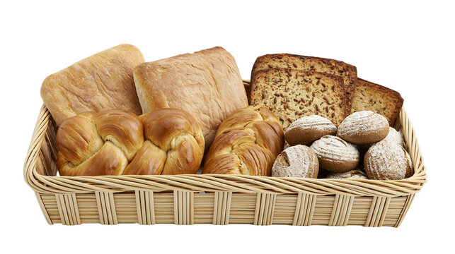 Assorted fresh artisan breads and rolls in a woven wicker basket