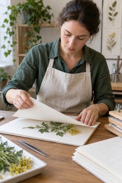 Woman covering pressed flowers with a sheet of paper