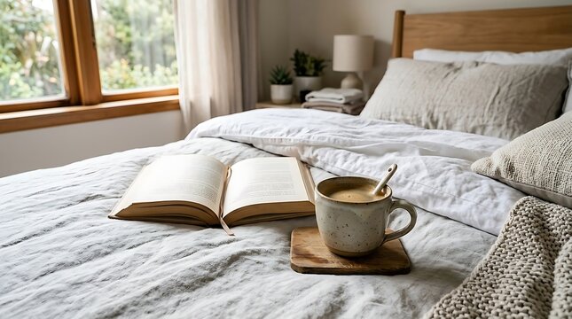 Cozy bedroom morning with open book and coffee on rumpled bed