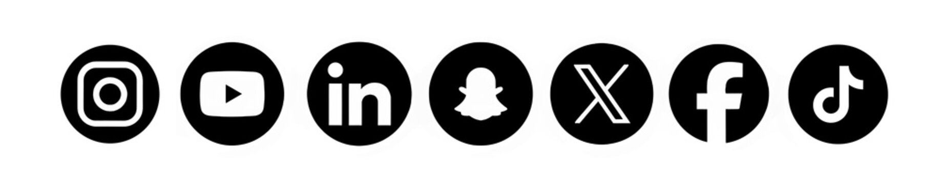 Collection of high-resolution Black social media icons including Instagram, YouTube, LinkedIn, Snapchat, X (formerly Twitter), Facebook, TikTok circles isolated on a white or transparent background.