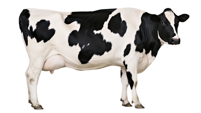 Black and white Holstein dairy cow standing in profile