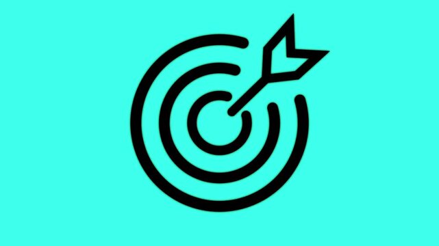 Hit a target or goal with an arrow simple loop animation on cyan background. Aim target with arrow sign.  Archery, darts or goal strategy .
