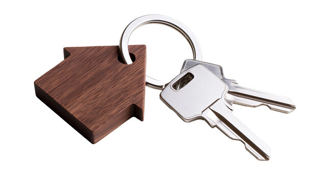 Wooden house shaped keychain with two silver metal keys on a circular ring