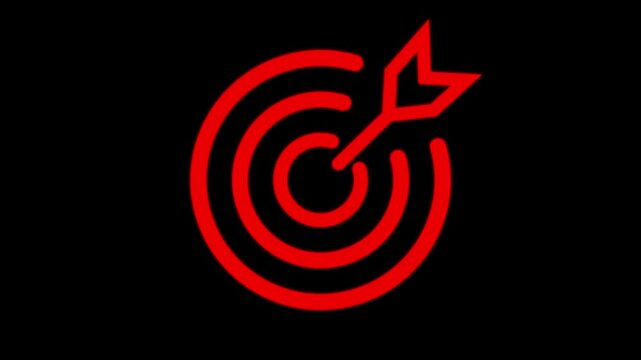 Hit a target or goal with an arrow simple loop animation on black background. Aim target with arrow sign.  Archery, darts or goal strategy .