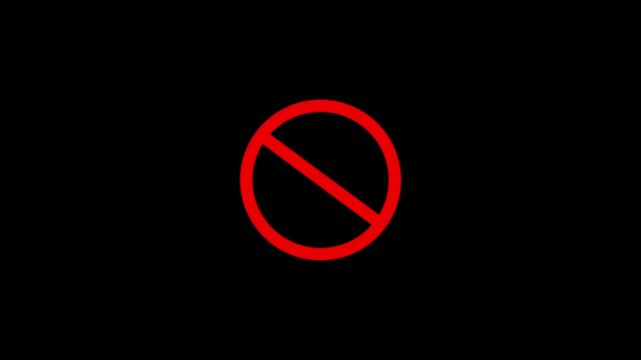 Warning, stop, prohibited or no entry forbidden red circle and line symbol icon animation on a black background 4k video animation.
