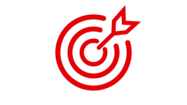 Hit a target or goal with an arrow simple loop animation on white background. Aim target with arrow sign.  Archery, darts or goal strategy .
