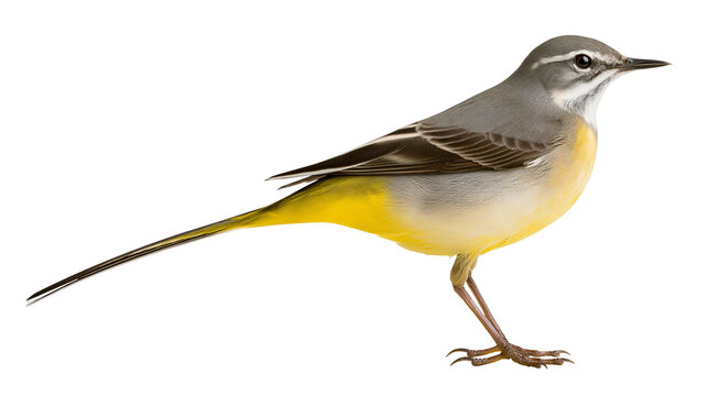 Grey wagtail bird with yellow underparts and long tail standing in profile