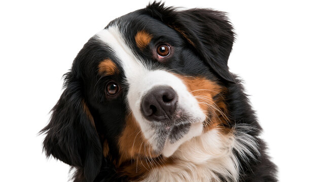 Bernese Mountain Dog head portrait with black brown and white fur