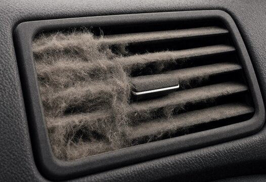 A dirty car air conditioning vent clogged with thick grey dust and lint accumulation