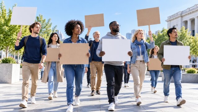 Diverse group of people walking together in a city square holding blank signs during a peaceful demonstration with trees and buildings in the background