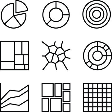 Quantitative data visualization and partitioning charts outline icons set representing pie charts treemaps voronoi tessellation donut graphs multi layer sunburst models and matrix grids