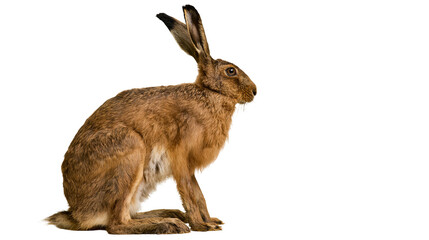 Brown European hare sitting in profile with long ears and textured fur © Gael