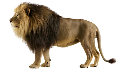 Majestic adult male lion with thick dark brown mane standing in profile © Gael