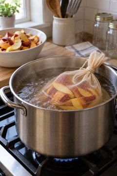 Fruit peels simmering in a muslin bag inside a saucepan