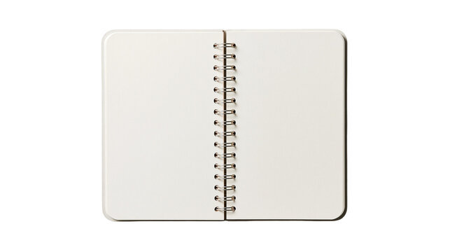 Open spiral bound notebook with blank white pages and metallic wire binding