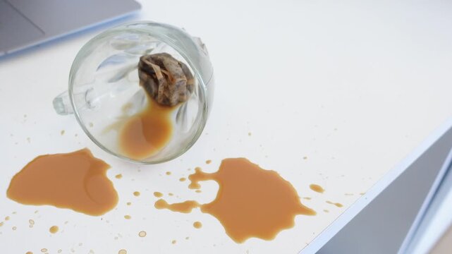 Spilled cup of tea on white desk near laptop showing work from home accident