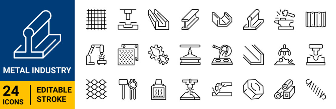 Set of 24 outline icons related to Metal industry. Linear icon collection. Editable stroke. Vector illustration
