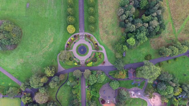 Aerial Top-Down Video of Alexandra Park Fountain Avenue and Play Area Grounds in Oldham, Greater Manchester. 