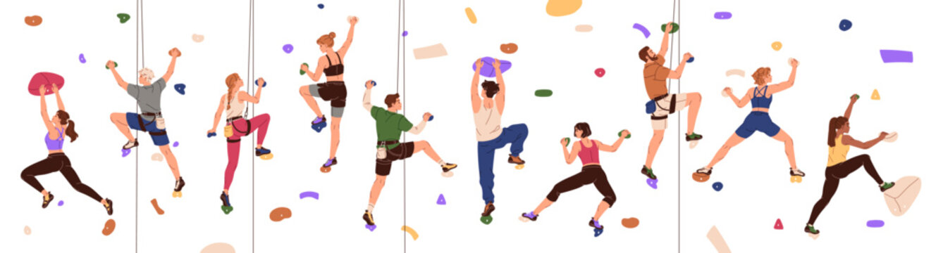 Men and women climb to the top of a bouldering wall. Climbers climb up on indoor mountain wall. People go extreme sports. Climbers grip for rocks hanging with rope on height in mountain climbing gym.