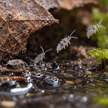 Springtails jumping above wet woodland leaf litter