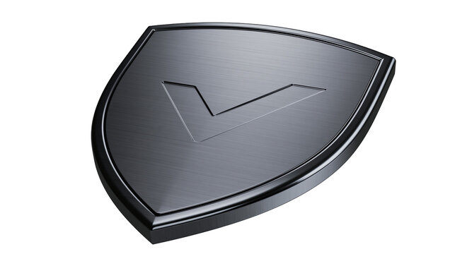 Brushed dark metal shield emblem with a central engraved checkmark symbol