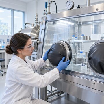 Laboratory worker inspecting a glovebox glove port