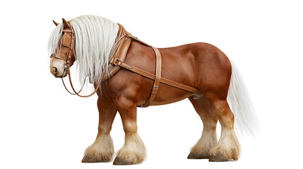 Chestnut draft horse with white mane and tail wearing leather harness and bridle © Elvin