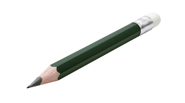 Dark green wooden pencil with sharpened graphite tip and white rubber eraser