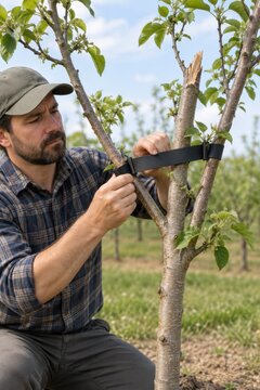 Gardener fastening a support strap around forked tree branches