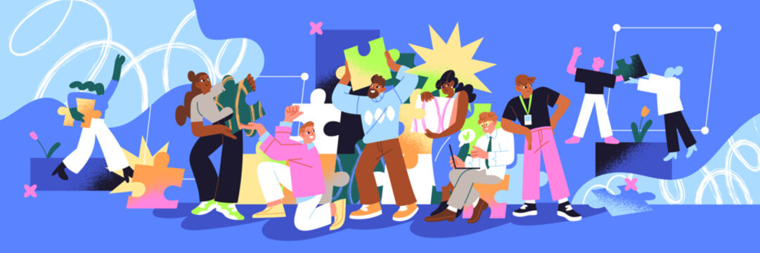 Concept of teamwork and business partnership. Business team connects pieces of puzzle together. People work and put pieces of puzzle together. Team is building jigsaw. Teamwork solving of problems.