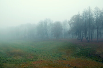 Obraz premium Autumn November landscape background. A wide grassy field in heavy fog. Bare trees and a faint path with a silhouette of unidentified passerby in the misty distance under a grey sky