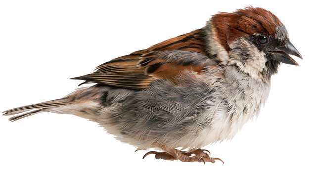 Small brown house sparrow bird with detailed plumage and open beak